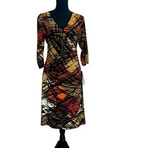 Le Chateau multicoloured zigzag artsy print long sleeve V-neck faux wrap dress S
